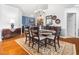 Stylish dining room with wood floors, a modern chandelier, and a decorative mirror enhancing the ambiance at 1167 Blue Bird Ln, Wake Forest, NC 27587