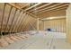 Unfinished attic showcasing open wood frame construction, insulation and subfloor at 20 Delia Ln, Pittsboro, NC 27312