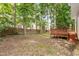 Spacious backyard with mature trees, wooden privacy fence, and a raised deck with a built-in bench at 205 Mint Hill Dr, Cary, NC 27519