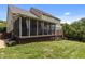 Lovely screened in porch with dark wood lattice work and plenty of space to entertain in the backyard at 2104 Brockfield Ct, Raleigh, NC 27614
