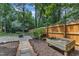 Backyard features a fire pit area, a wooden fence, lush greenery, and garden beds at 3007 Shopton Dr, Apex, NC 27502