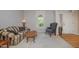 Inviting living room featuring a patterned sofa, armchair, and a large window with natural light at 302 Caraway Ln, Cary, NC 27519