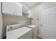 Laundry room with white washer and dryer, cabinets for storage and white door at 3207 Imperial Oaks Dr, Raleigh, NC 27614