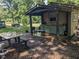 Outdoor kitchen with covered patio, sink, countertop, and dining area overlooking the yard at 4008 Old Nc 86, Hillsborough, NC 27278