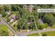An aerial view of a home with mature trees and landscaping, with approximate property lines at 403 Carpenter Fletcher Rd, Durham, NC 27713