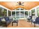 Relaxing outdoor porch features ceiling fan, wicker furniture, and string lights at 6609 Electra Dr, Raleigh, NC 27607