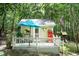 Quaint exterior with deck, teal umbrella, decorative touches, and wooded surroundings at 7216 Rabbit Run, Wake Forest, NC 27587