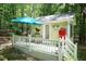 Inviting exterior features a deck, outdoor seating, and wooded backdrop at 7216 Rabbit Run, Wake Forest, NC 27587