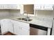 Stainless steel sink with granite countertops and white cabinets providing a clean and modern kitchen space at 747 Weathergreen Dr, Raleigh, NC 27615