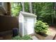 Exterior view of storage shed in a private, wooded backyard at 747 Weathergreen Dr, Raleigh, NC 27615