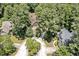 Aerial view of a home nestled among mature trees in a serene residential neighborhood with winding roads at 81106 Alexander, Chapel Hill, NC 27517