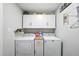 Bright laundry room with white cabinets and modern washer and dryer units for convenient laundry needs at 1 Saturn Court Ct, Durham, NC 27703