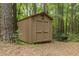 Exterior view of a well-maintained backyard storage shed with double doors, offering ample storage for tools at 1012 King Cir, Chapel Hill, NC 27516