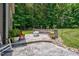 Secluded backyard patio featuring a charming stone fire pit and lush green surroundings at 109 Box Elder Way, Zebulon, NC 27597