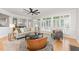 Sunlit living room featuring large windows with shutters, neutral furniture, and an open layout at 109 Murdock Creek Ct, Cary, NC 27519
