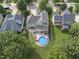 Gorgeous aerial view of a home with a backyard pool and patio, surrounded by lush green trees at 1133 Heritage Greens Dr, Wake Forest, NC 27587