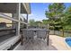 Cozy patio with a dining table and chairs, adjacent to the pool and screened porch at 1133 Heritage Greens Dr, Wake Forest, NC 27587