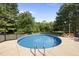 Backyard pool offers a refreshing escape surrounded by a concrete patio, privacy fence, and mature trees at 1133 Heritage Greens Dr, Wake Forest, NC 27587
