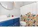 Bathroom featuring a vanity with a sink and a decorative floral shower curtain at 119 Florentino Ct, Clayton, NC 27527
