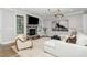 Cozy living room featuring a stone fireplace, comfortable seating, and a modern design at 119 Florentino Ct, Clayton, NC 27527
