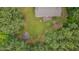 An aerial view of a well-maintained backyard featuring a shed surrounded by mature trees and natural beauty at 1210 Bayview Ct, Franklinton, NC 27525