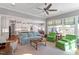 Spacious living room open to the kitchen with comfortable seating, bright windows, and a ceiling fan at 1217 Clandon Square Rd, Hillsborough, NC 27278