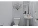 Cozy powder room featuring a pedestal sink, toilet, and decorative wall art, all in a soothing color palette at 124 Lahinch Dr, Fuquay Varina, NC 27526