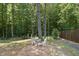 Cozy backyard seating area nestled among mature trees provides a private outdoor retreat at 204 Edgepine Dr, Holly Springs, NC 27540