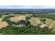 Aerial view of a farm with a pond, fields, farmhouses, and lush green trees and plants at 2856 Gwyn Rd, Elon, NC 27244