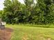 View of grassy backyard with mature trees at the property line and storage bin at 3292 Longpine Rd, Burlington, NC 27215