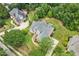 An aerial shot displays a home with a meticulously landscaped lawn and mature trees at 402 Bridewell Ct, Cary, NC 27518