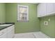 Bright laundry room features green walls, white cabinets, sink, window, and utility hookups at 402 Bridewell Ct, Cary, NC 27518