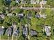 Expansive aerial shot displaying a residential area with mature trees, manicured lawns, and quiet streets at 412 Coggeshall St, Oxford, NC 27565