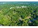 Expansive aerial view of a neighborhood surrounded by lush greenery and mature trees with a beautiful blue house at 4151 Deep Wood Cir, Durham, NC 27707