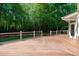 Large wood deck overlooking the backyard with mature trees and lush greenery at 4905 Ivercroft Pl, Fuquay Varina, NC 27526