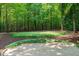 A backyard putting green with sand trap is surrounded by mature landscaping and trees for backyard enjoyment at 4905 Ivercroft Pl, Fuquay Varina, NC 27526