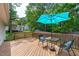 Outdoor wooden deck with furniture and an umbrella, perfect for relaxing or entertaining guests at 700 Mossburn Ct, Fuquay Varina, NC 27526