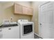 Laundry room featuring a washer and dryer, overhead cabinets, and a white door at 8101 Claybrooke Ct, Willow Springs, NC 27592