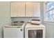 Bright laundry room features a modern washer and dryer, complemented by convenient overhead cabinet storage at 102 Duxbury Dr, Cary, NC 27513