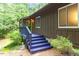 Side exterior view of a house with blue painted steps and porch and natural landscape at 1403 Meadow Ln, Chapel Hill, NC 27516