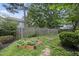 Fenced backyard features raised garden beds and lush greenery at 1500 Laureldale Dr, Raleigh, NC 27609
