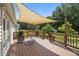 Charming deck area featuring a shade canopy, outdoor seating, and picturesque backyard views at 3000 Hidden Spring Ln, Oxford, NC 27565