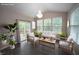 Bright living room featuring a modern chandelier, large windows, and a sliding glass door to outdoor space at 4416 Walker Hallow St, Raleigh, NC 27616