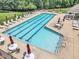 View of the well-maintained community pool area with chairs, tables and umbrellas for comfortable relaxation at 4622 Ludwell Branch Ct, Raleigh, NC 27612