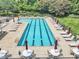 View of the beautiful community pool area with lounge chairs, tables with umbrellas, and well-maintained landscaping at 4622 Ludwell Branch Ct, Raleigh, NC 27612