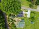 Aerial view of the property showcasing the home's position amidst trees and green surroundings at 505 Hawfields Rd, Mebane, NC 27302