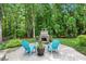 Cozy backyard patio with stone fireplace, seating, and manicured landscaping surrounded by mature trees at 776 Legend Oaks Dr, Chapel Hill, NC 27517