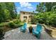 Outdoor patio with blue Adirondack chairs, brick pavers, and serene backyard setting at 776 Legend Oaks Dr, Chapel Hill, NC 27517
