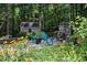 Outdoor patio with Adirondack chairs, charming shed, and beautiful stone fireplace at 776 Legend Oaks Dr, Chapel Hill, NC 27517