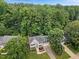 Aerial view of home with mature trees, pristine lawn and mature landscaping at 7808 Sandy Bottom Way, Raleigh, NC 27613